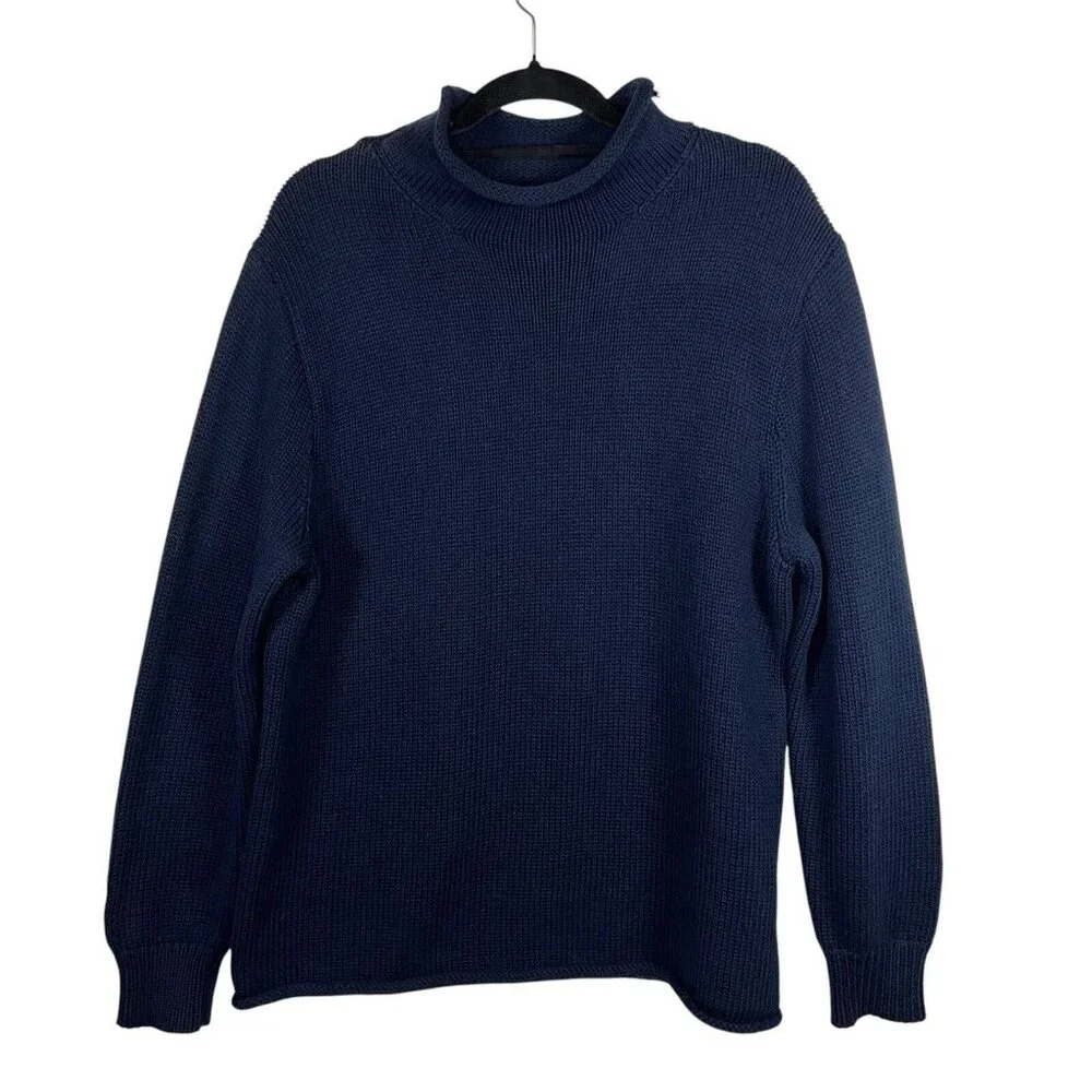 J Crew Always Dark Blue 100% Cotton Rolled Neck Knit Turtleneck Sweater Size M